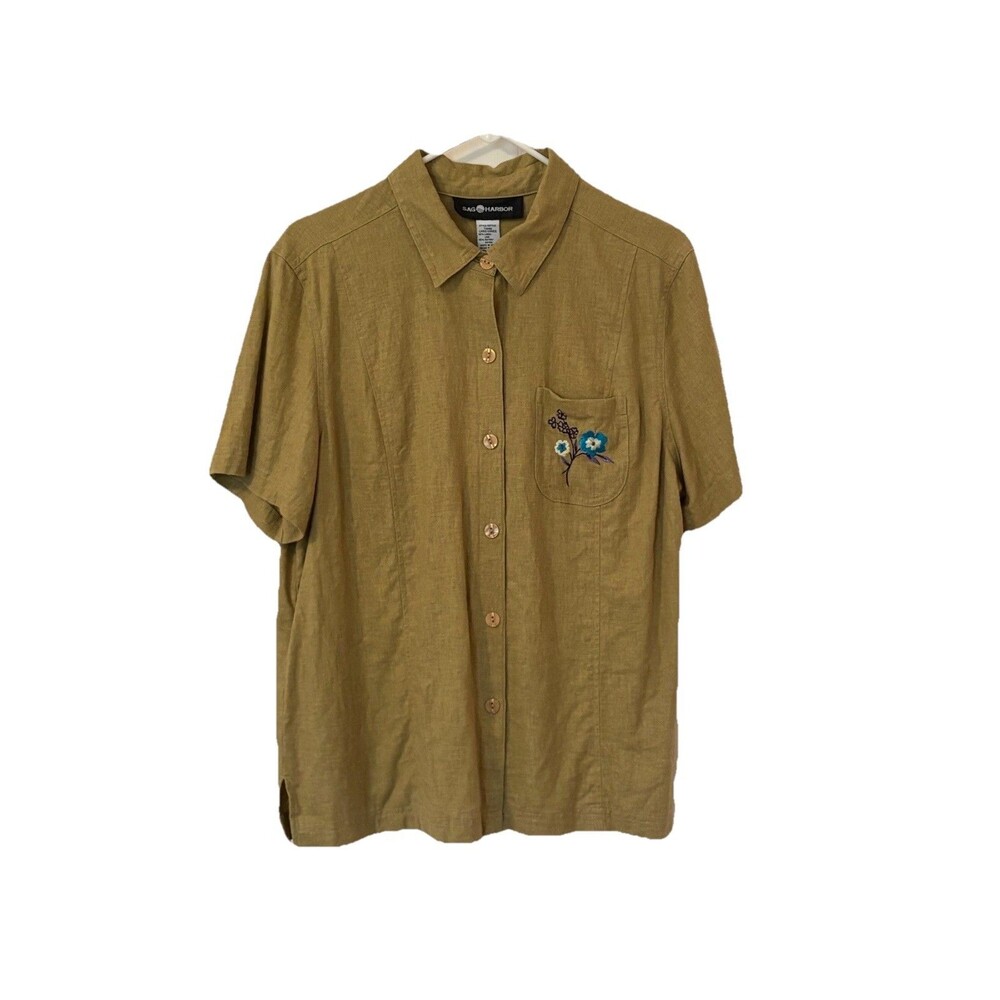 Sag Harbor Linen Blend Embroidered Floral Short Sleeve Button Shirt Women Large